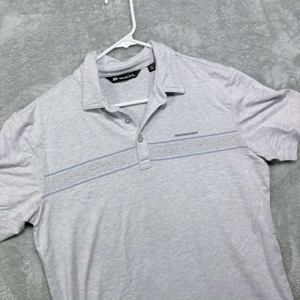 TravisMathew‎ Mens M Polo Shirt Gray Heather Geometric Stripe Golf Performance